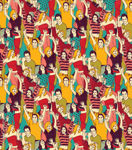 Crowd active happy people seamless color pattern
