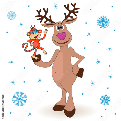 Amusing reindeer holding a small monkey