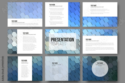Set of 9 templates for presentation slides. Geometric blue