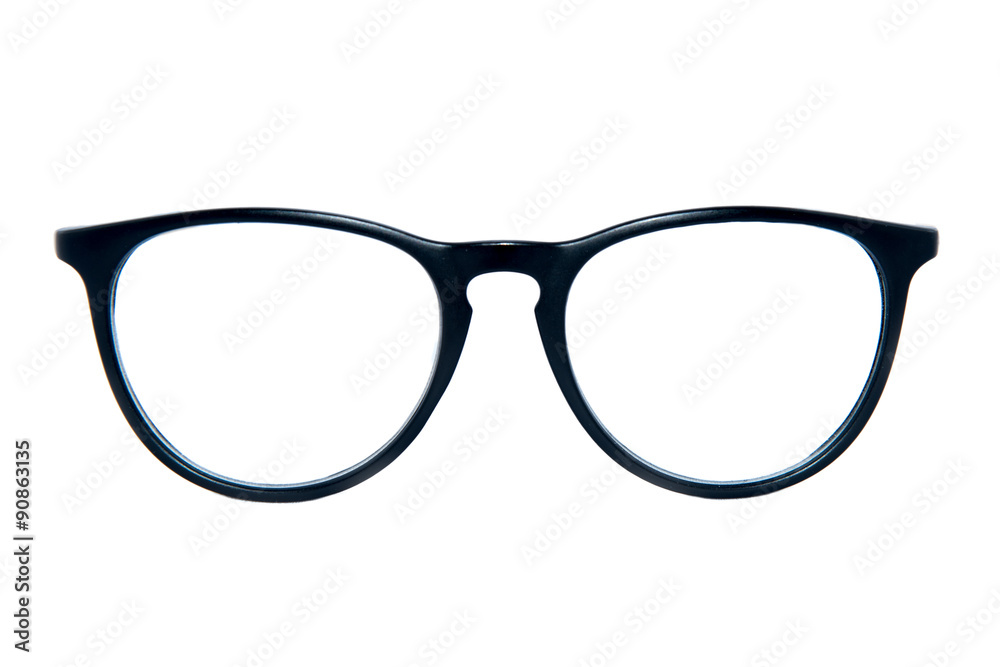 Isolated black retro spectacle frame from front view on white background Isolated black retro spectacle frame from front view on white background