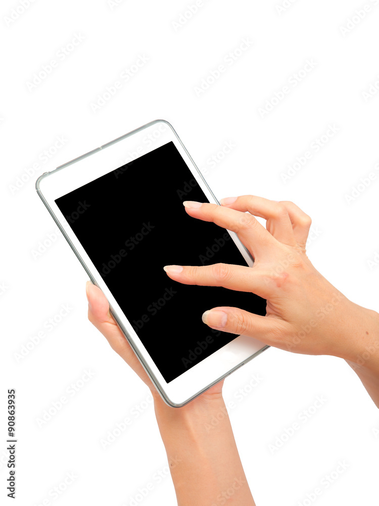 Female using tablet on white background. Female using tablet on white background.