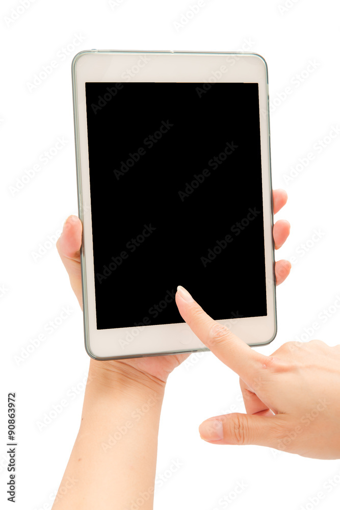 Woman hand using tablet PC on white background. Woman hand using tablet PC on white background.
