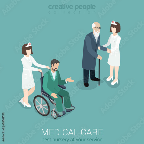 Nurse with old man and patient on wheelchair