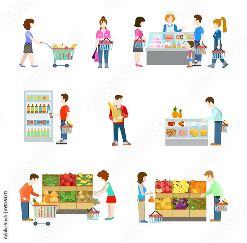 Grocery supermarket store, shoppers, buyers, vegetable, fruit