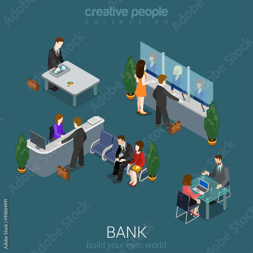 Bank office interior elements and people