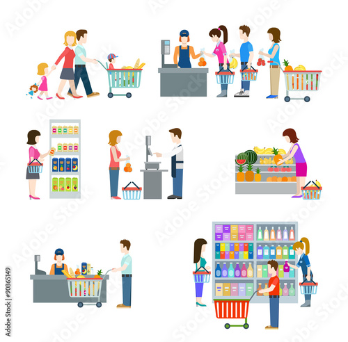 People in grocery shop flat icon set