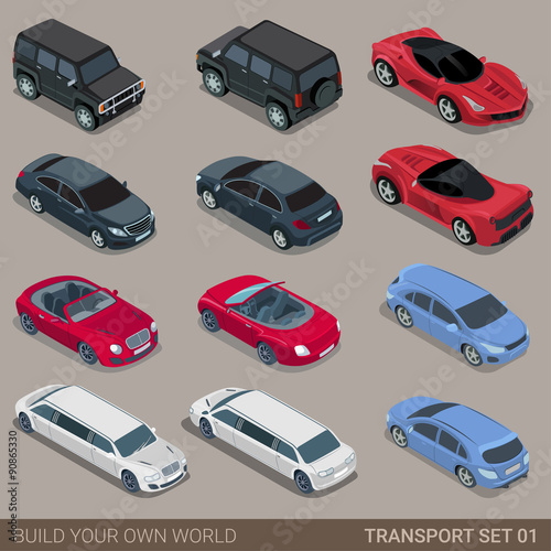 Flat 3d isometric city road transport icon set