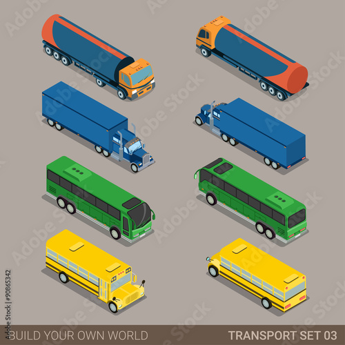 Flat 3d isometric long vehicle road transport icon set