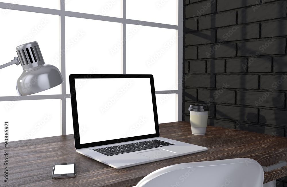 3D illustration laptopand work stuff on table near brick wall 3D illustration laptopand work stuff on table near brick wall