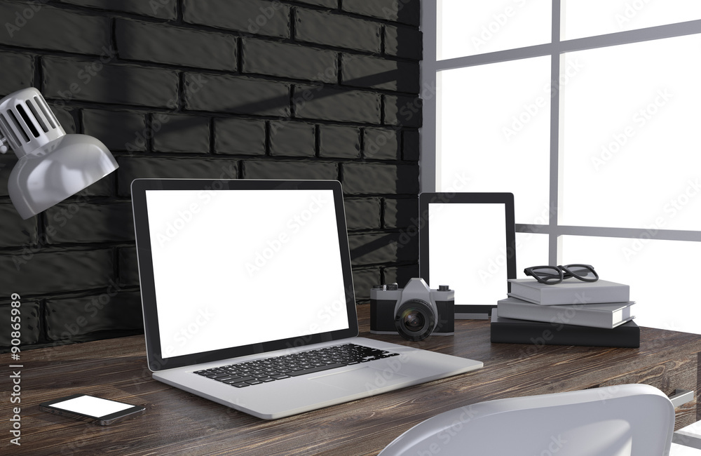 3D illustration laptopand work stuff on table near brick wall 3D illustration laptopand work stuff on table near brick wall