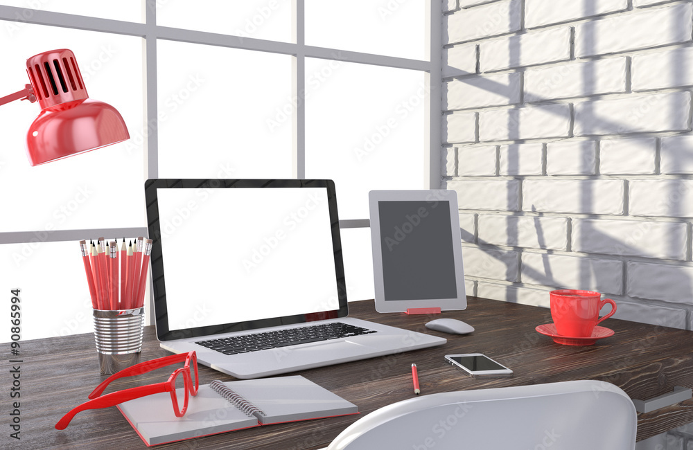 3D illustration laptopand work stuff on table near brick wall 3D illustration laptopand work stuff on table near brick wall