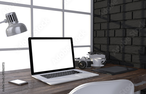 3D illustration laptopand work stuff on table near brick wall © Natalia Merzlyakova