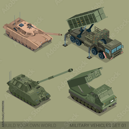 Flat 3d isometric high quality military vehicles icon set