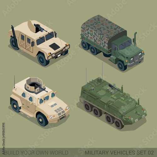 Flat 3d isometric high quality military road transport icon set