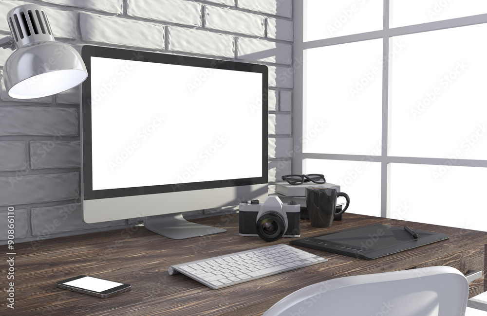 Fototapeta premium 3D illustration PC screen on table in office, Workspace
