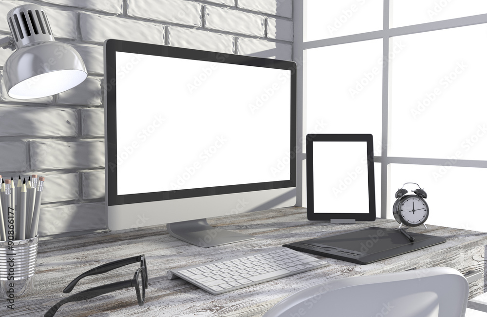 Fototapeta premium 3D illustration PC screen on table in office, Workspace