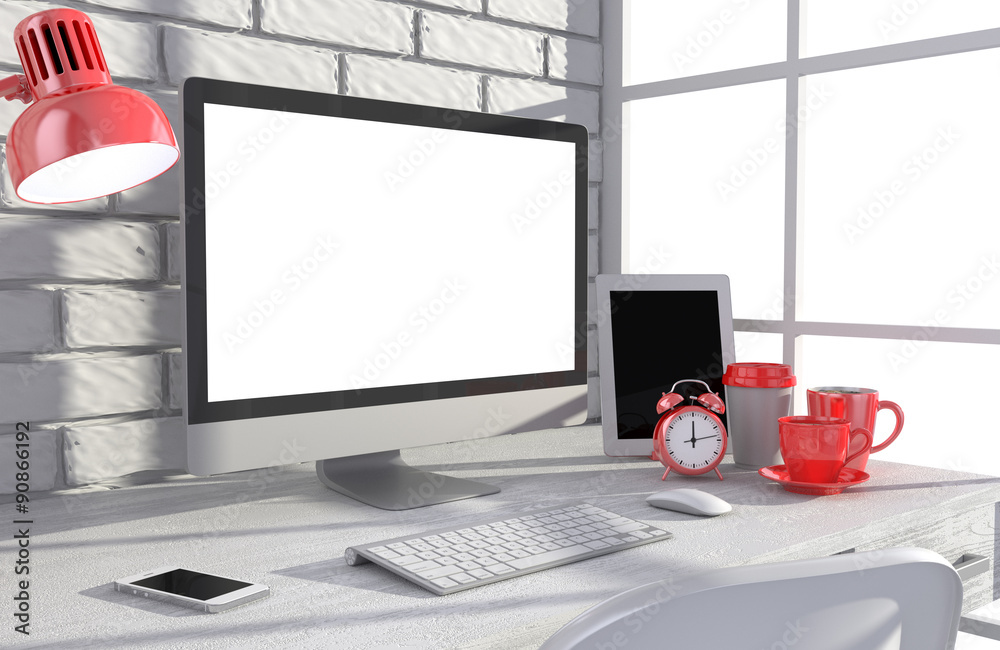 Fototapeta premium 3D illustration PC screen on table in office, Workspace