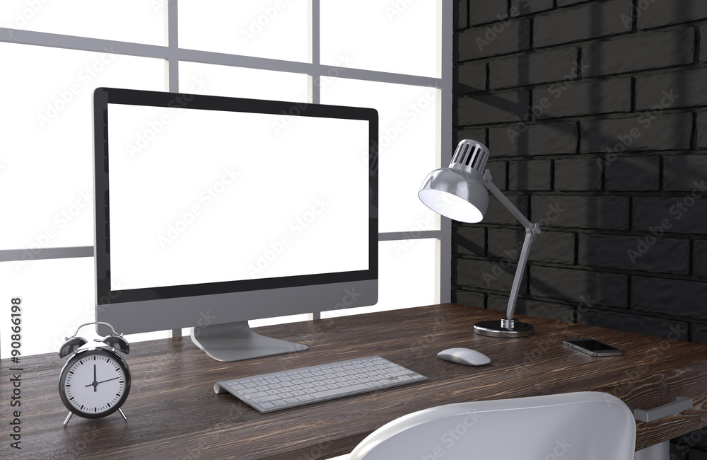 Fototapeta premium 3D illustration PC screen on table in office, Workspace