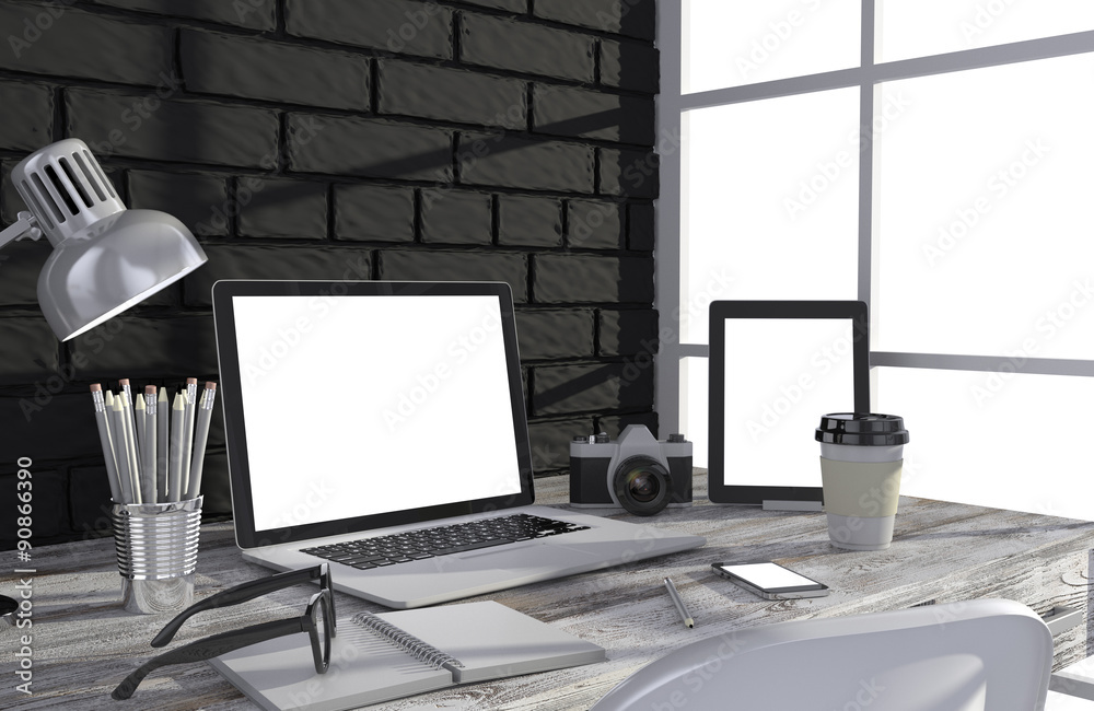 3D illustration laptopand work stuff on table near brick wall 3D illustration laptopand work stuff on table near brick wall