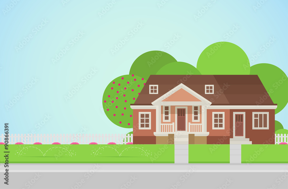 Countryside house with backyard on lawn in architecture vector