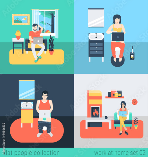 People work at home in freelance vector flat concept