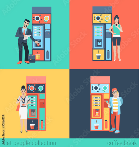People and coffee automatic machine in vector flat coffee break