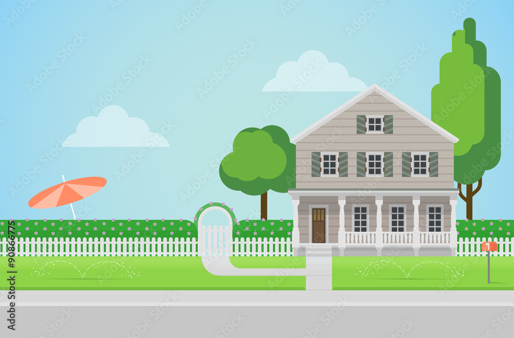 Countryside house with backyard and lawn in flat vector