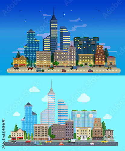 Flat style vector city skyscrapers day and night