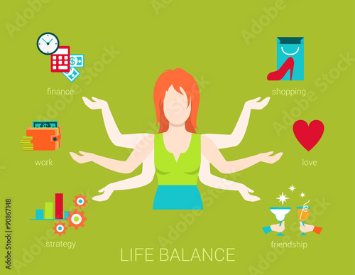 Many armed woman life balance lifestyle in flat vector