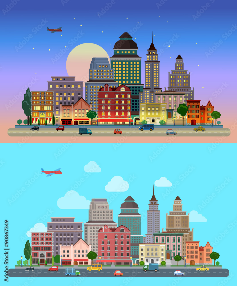 Obraz premium Vector flat urban city lifestyle, highway, buildings, transport