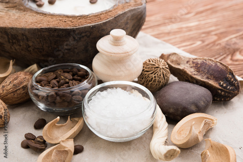 coffee beans, Spa stuff with candles in coconut