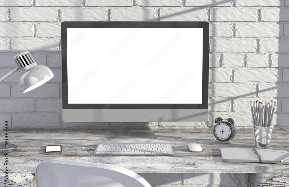 Fototapeta premium 3D illustration PC screen on table in office, Workspace