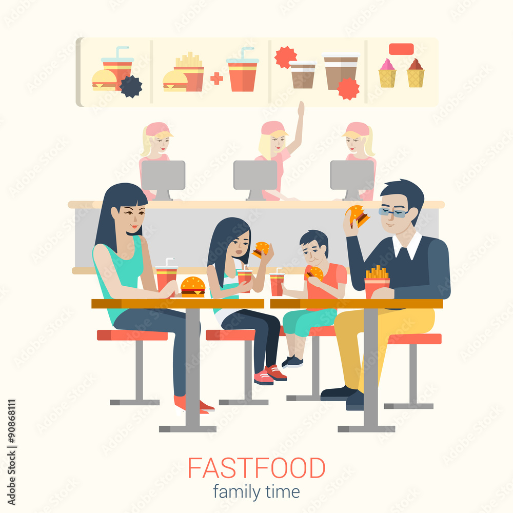 Family in fastfood cafe eating burger fries: flat vector food