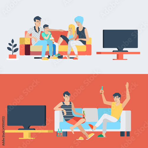 Flat vector family and couple at home interior watch TV