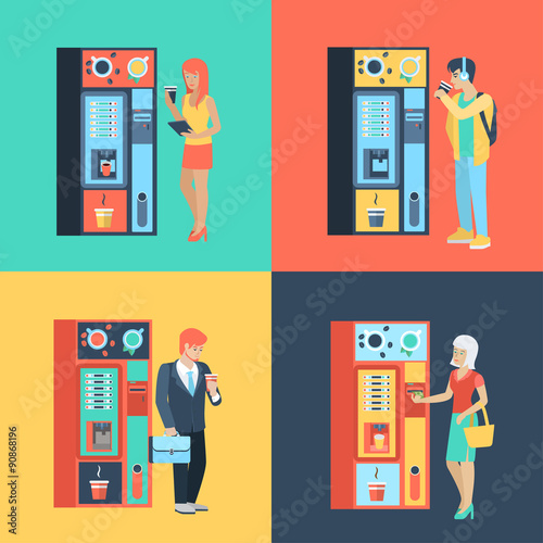 People and coffee automatic machine in vector flat coffee break