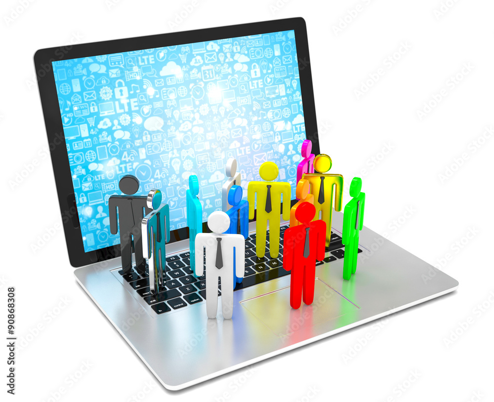 Fototapeta premium group of people figures on laptop, 3d render