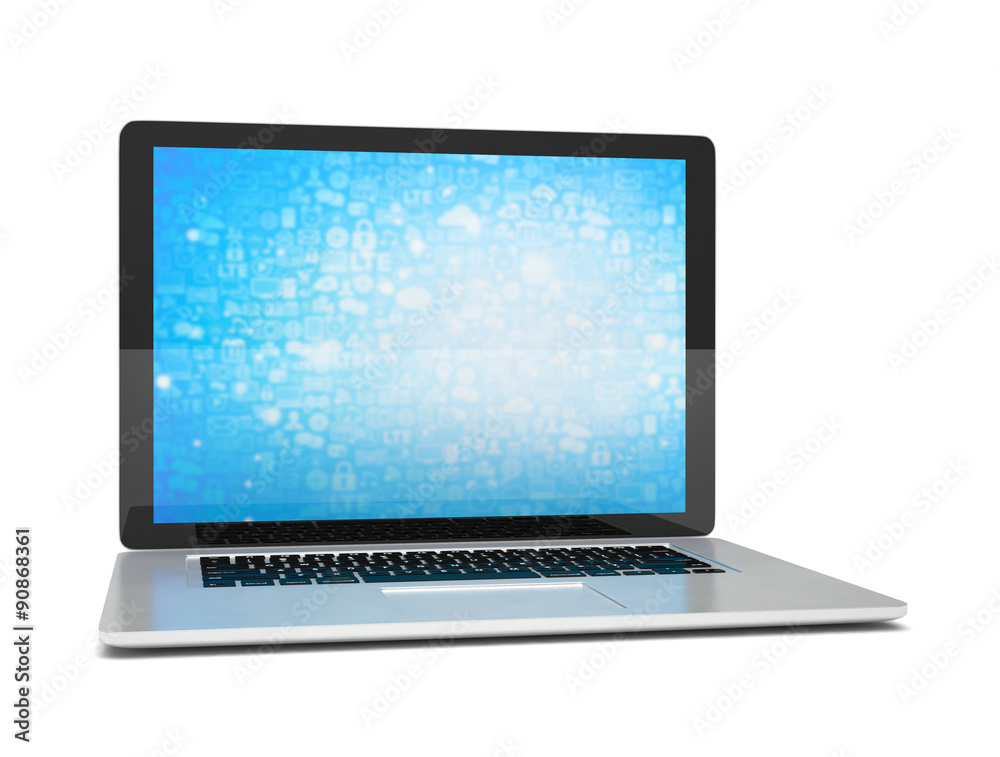 3d rendering of a laptop with blue wallpaper with app icon