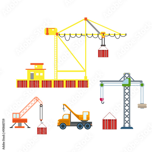 Flat 3d isometric city construction crane icon set