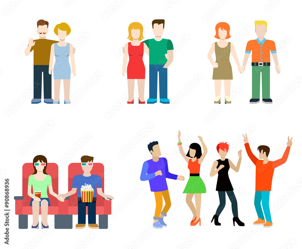 Flat vector casual people lifestyle: couple, party, cinema
