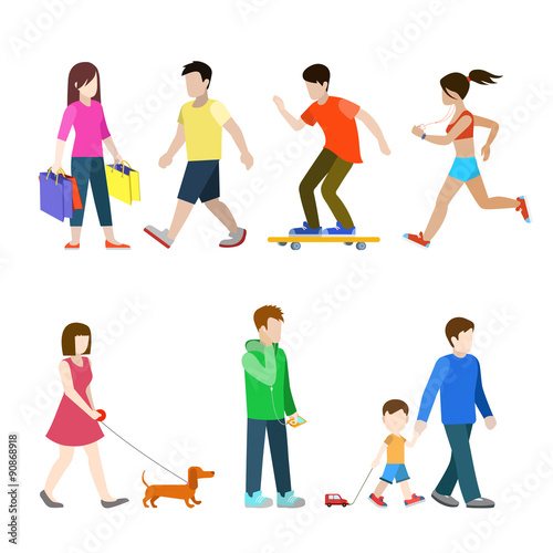 Flat pedestrians casual youth people: skate shopper runner