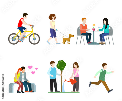 Vector flat city street pedestrians: bicycle rider, couple