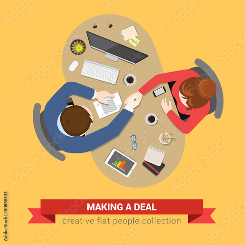 Handshake deal contract topview workplace business flat concept