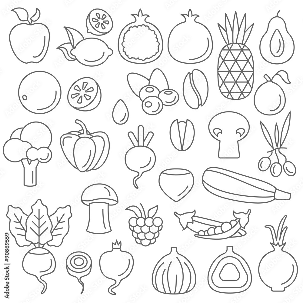 Line art vector graphical fancy set of fruit and vegetable Line art vector graphical fancy set of fruit and vegetable