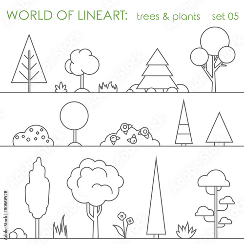 Tree bush plant graphical lineart set. Line art vector