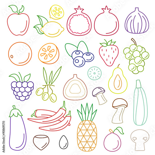 Line art vector graphical fancy food set of fruit and vegetable