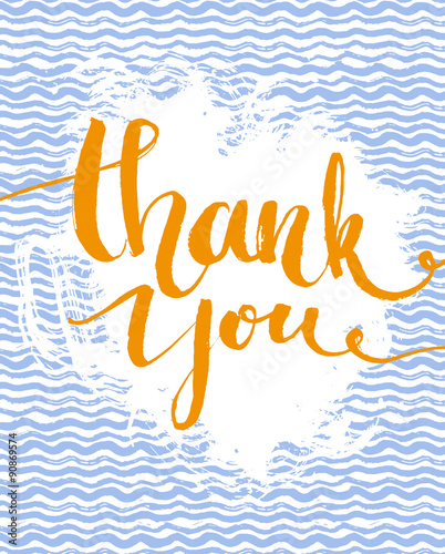 Thank you card. Calligraphy phrase at hand drawn wavy background