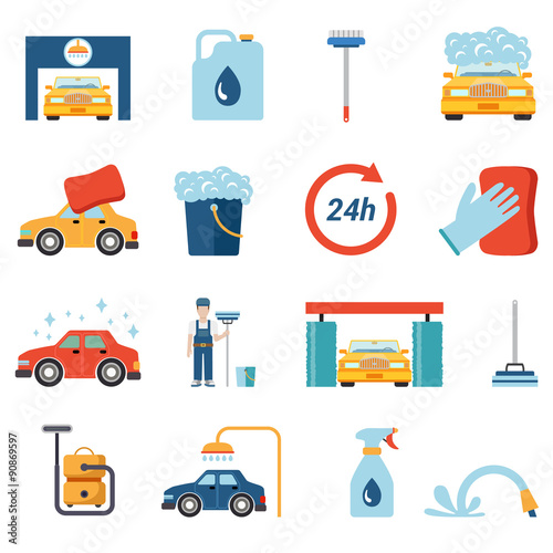 Flat vector car wash cleaning service: wax foam cleaner worker
