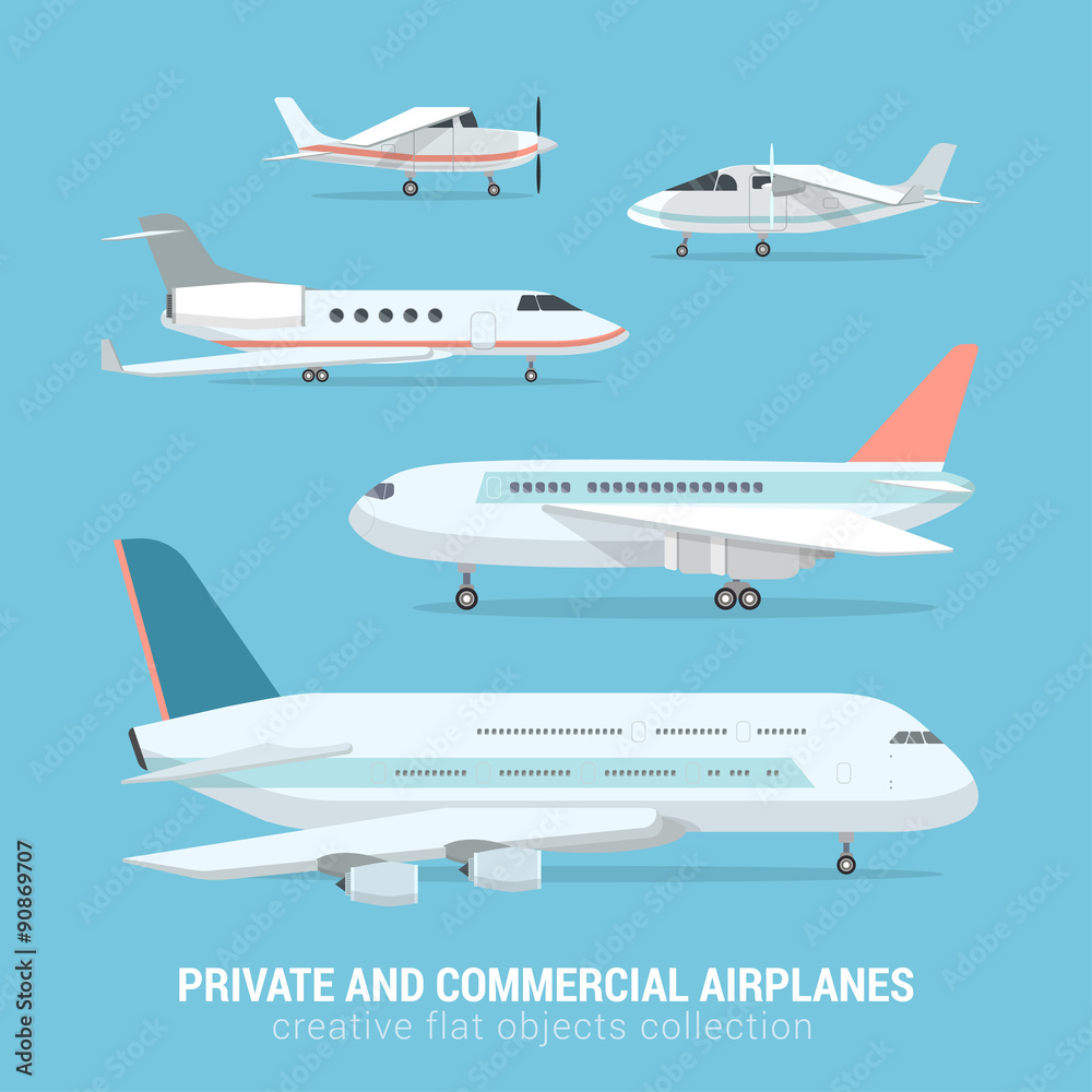 Flat vector set of commercial private airplanes: plane, aircraft