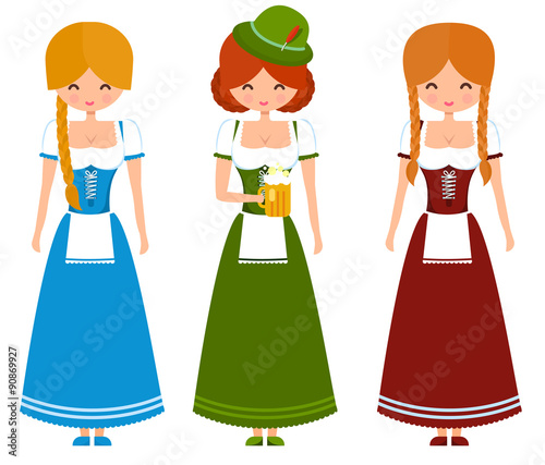 German girls in traditional bavarian dress with beer and flag