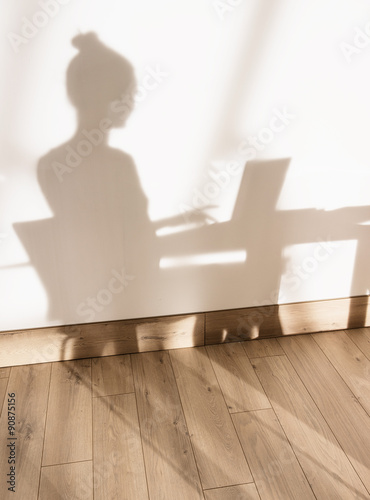  shadow on the wall of a woman sitting and working on her laptop photo